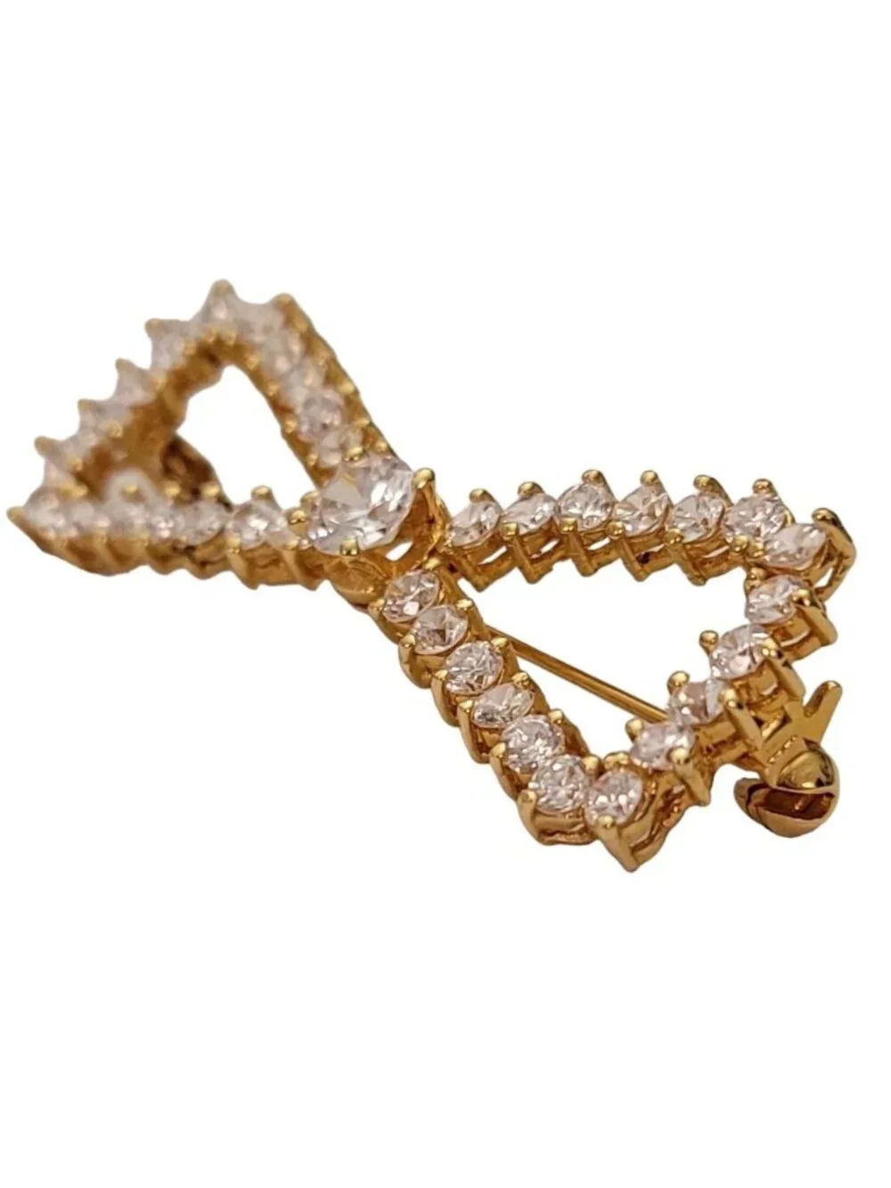 Sterling Silver Gold Vermeil Clear Crystal Rhinestone Bow Brooch Pin E244